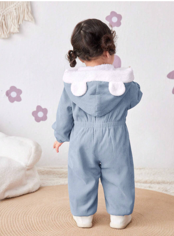 Baby Girl Corduroy Thermal Hooded Jumpsuit