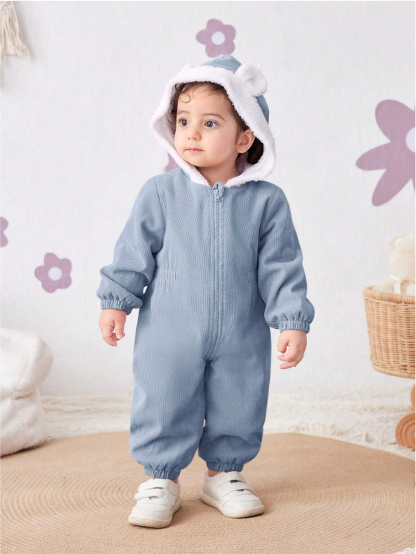 Baby Girl Corduroy Thermal Hooded Jumpsuit