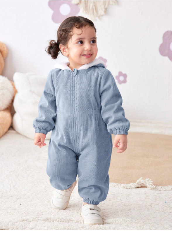 Baby Girl Corduroy Thermal Hooded Jumpsuit