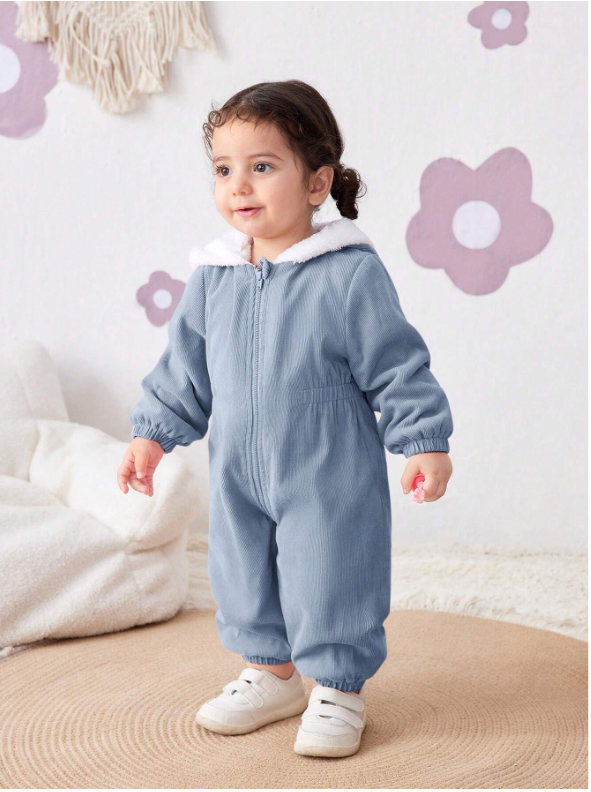 Baby Girl Corduroy Thermal Hooded Jumpsuit