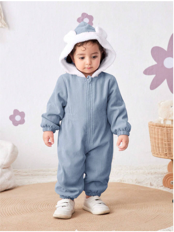 Baby Girl Corduroy Thermal Hooded Jumpsuit