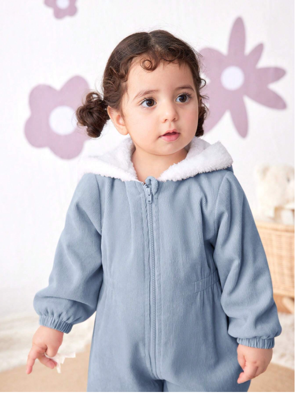 Baby Girl Corduroy Thermal Hooded Jumpsuit