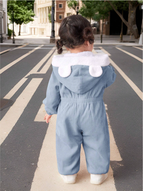 Baby Girl Corduroy Thermal Hooded Jumpsuit