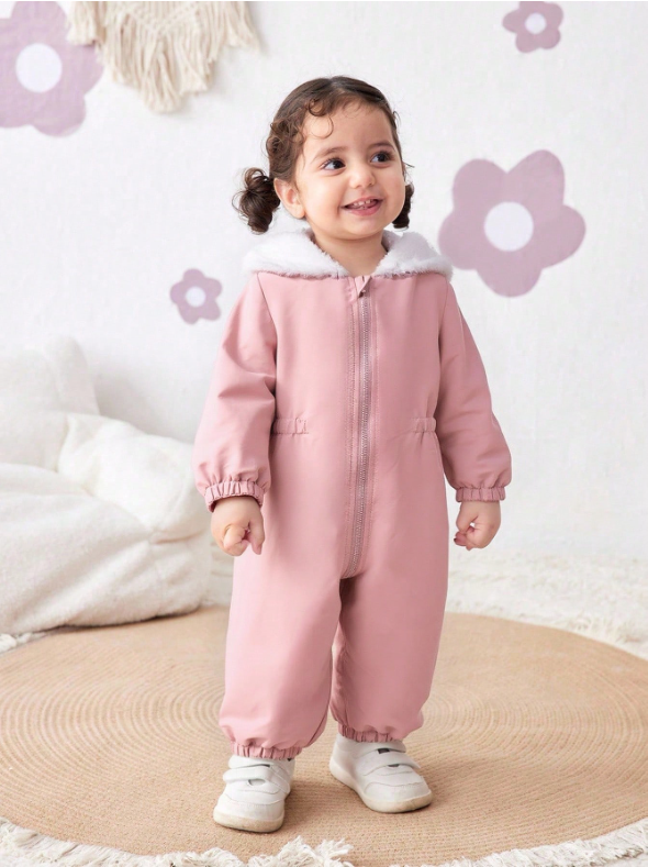 Baby Girl Corduroy Thermal Hooded Jumpsuit