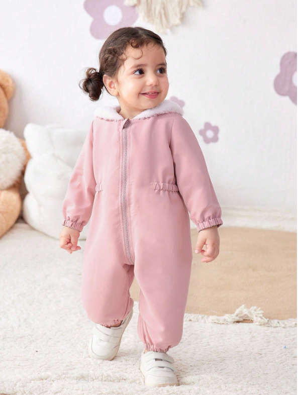 Baby Girl Corduroy Thermal Hooded Jumpsuit