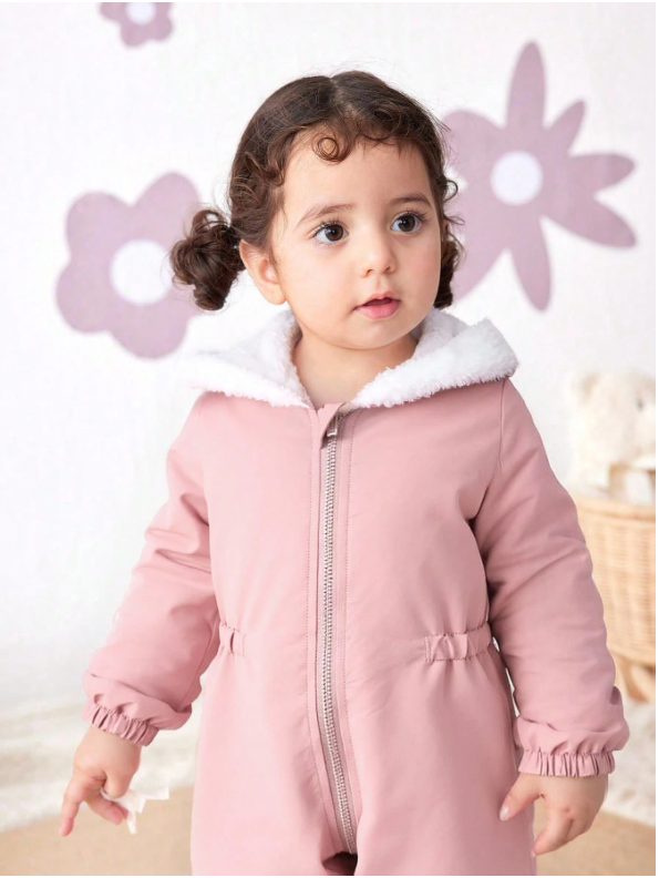 Baby Girl Corduroy Thermal Hooded Jumpsuit