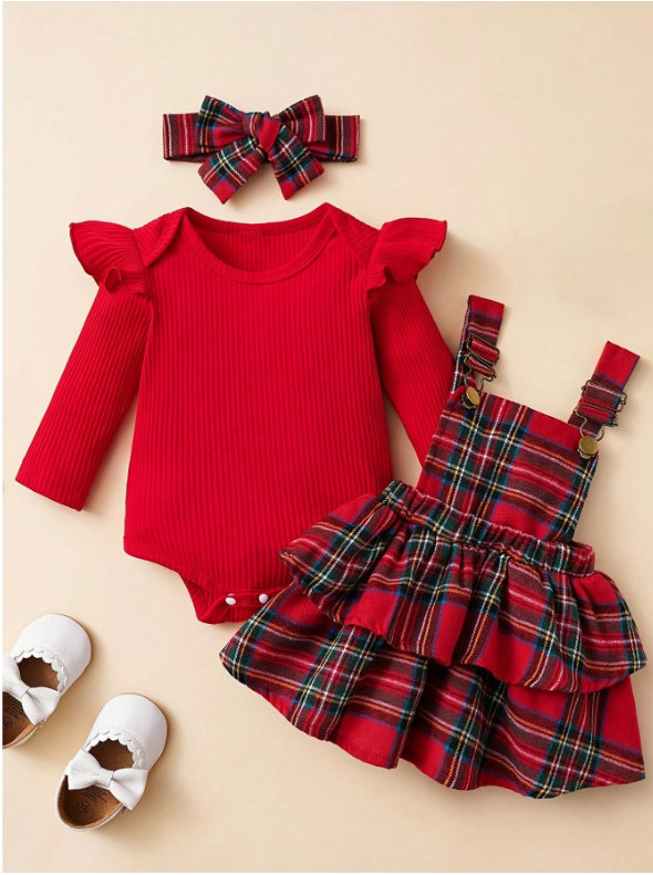 Baby Girl 2-Piece Ribbed Bodysuit & Plaid Overall Dress Set