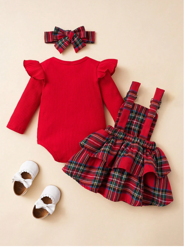Baby Girl 2-Piece Ribbed Bodysuit & Plaid Overall Dress Set