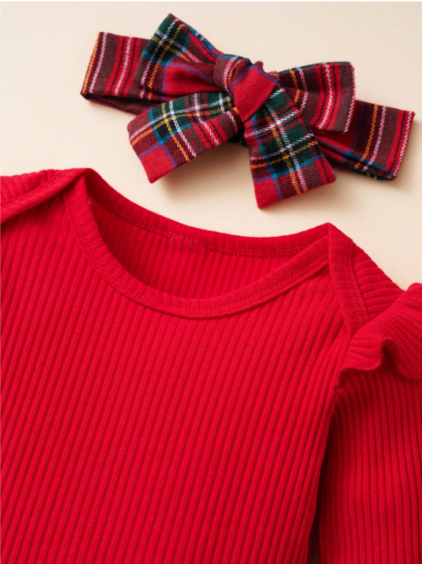 Baby Girl 2-Piece Ribbed Bodysuit & Plaid Overall Dress Set