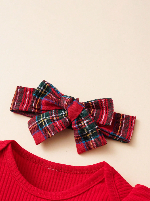 Baby Girl 2-Piece Ribbed Bodysuit & Plaid Overall Dress Set