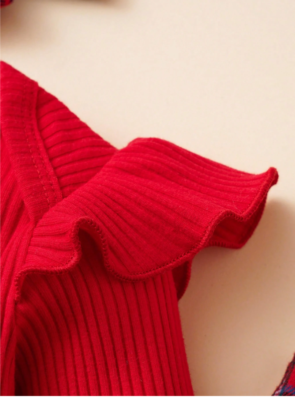 Baby Girl 2-Piece Ribbed Bodysuit & Plaid Overall Dress Set