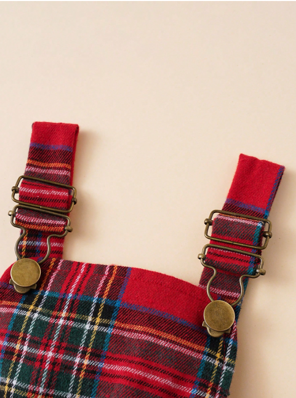 Baby Girl 2-Piece Ribbed Bodysuit & Plaid Overall Dress Set