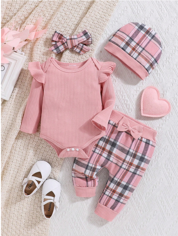 Baby Girl 2-Piece Pink Bodysuit, Plaid Pants & Hat Set – Autumn/Winter