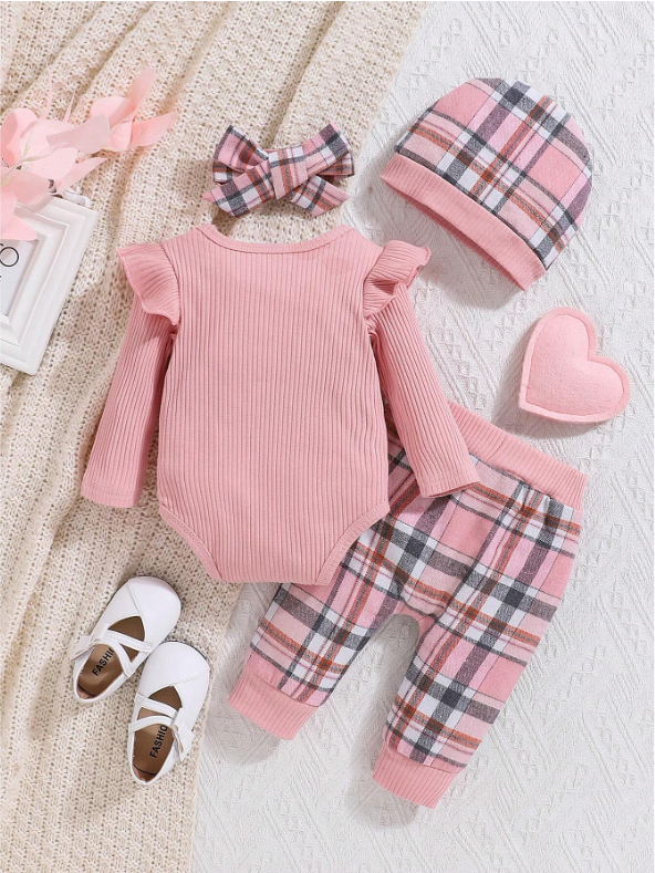 Baby Girl 2-Piece Pink Bodysuit, Plaid Pants & Hat Set – Autumn/Winter