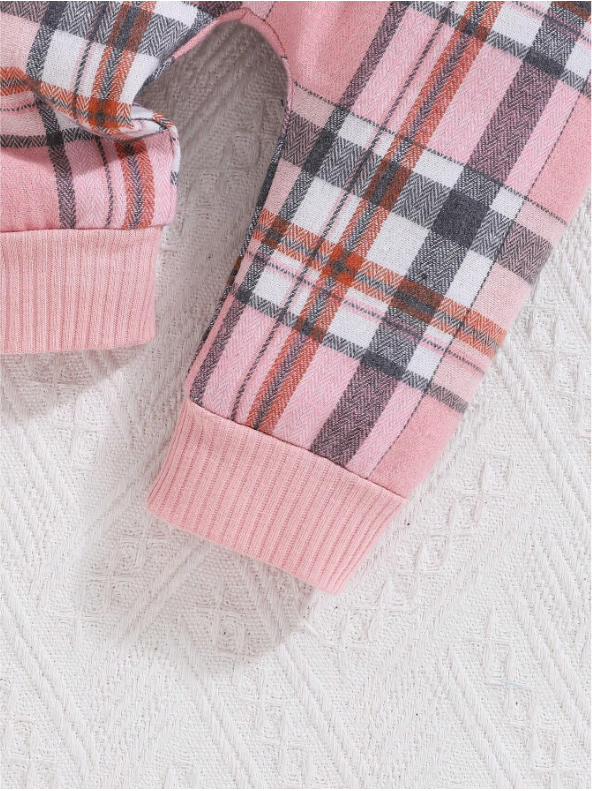 Baby Girl 2-Piece Pink Bodysuit, Plaid Pants & Hat Set – Autumn/Winter