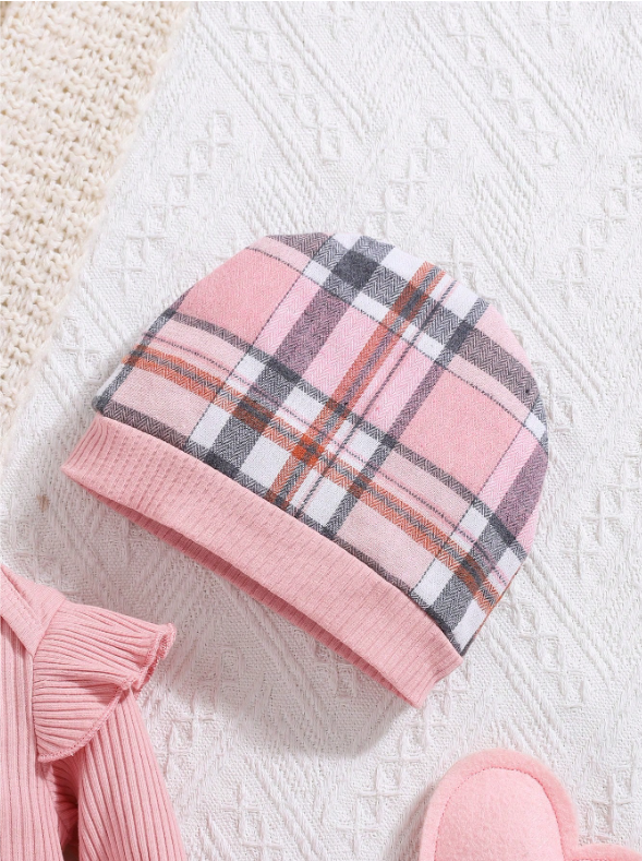 Baby Girl 2-Piece Pink Bodysuit, Plaid Pants & Hat Set – Autumn/Winter