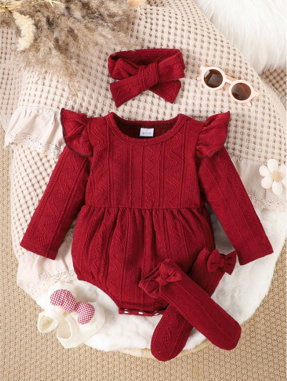 Baby Girl Burgundy Lace-Trim Bodysuit & Socks Set – Fall/Winter