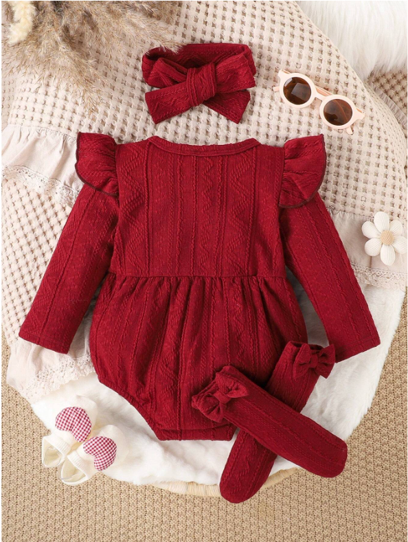 Baby Girl Burgundy Lace-Trim Bodysuit & Socks Set – Fall/Winter