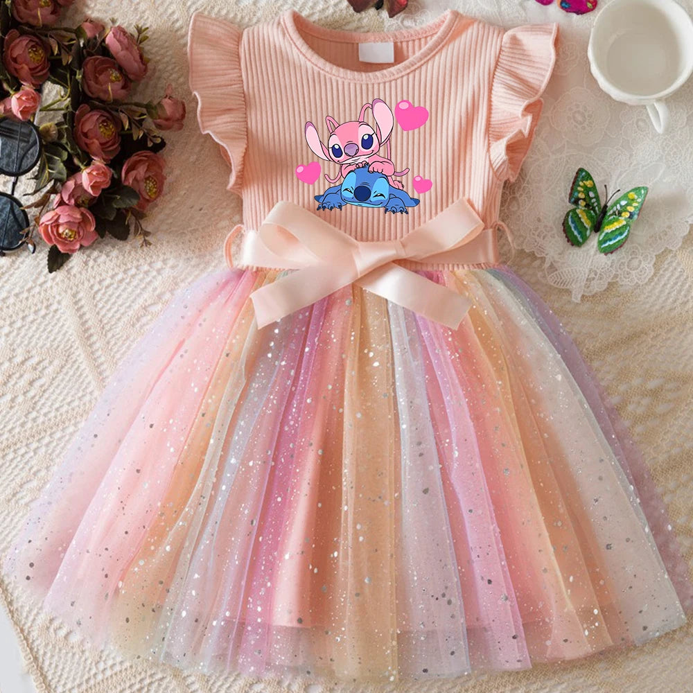Stitch New Girls Dress for Sequins Birthday Toddler Girls Rainbow Tulle Dress Sweet Kids Princess Dress for Girls 1-5Y