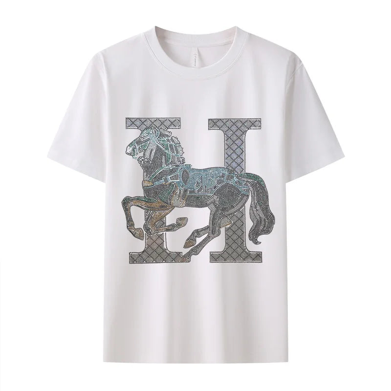 New men's short sleeve cartoon cotton casual T-shirt Comfortable high quality diamond T-shirt