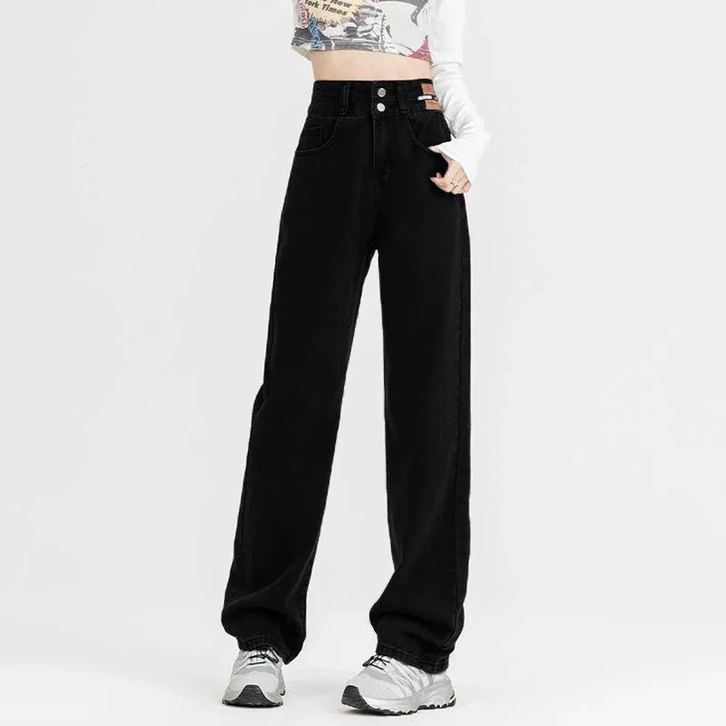 New Woman Korean Double Buckle Design Jeans Female Winter Snow Warm Thermal Plush Pants Girls Popular High Waist Denim Trousers