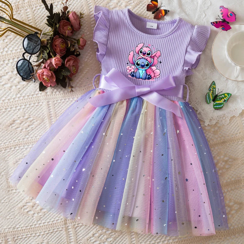 Stitch New Girls Dress for Sequins Birthday Toddler Girls Rainbow Tulle Dress Sweet Kids Princess Dress for Girls 1-5Y
