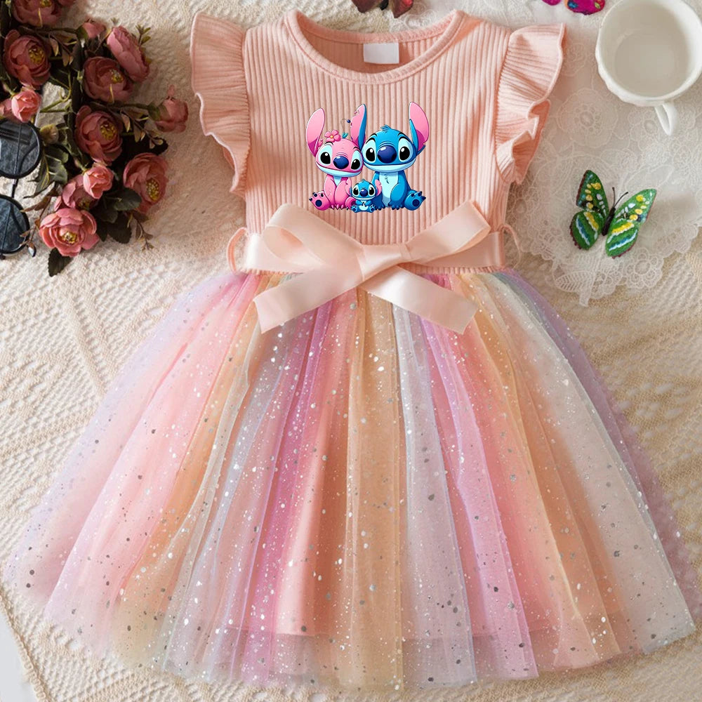 Stitch New Girls Dress for Sequins Birthday Toddler Girls Rainbow Tulle Dress Sweet Kids Princess Dress for Girls 1-5Y