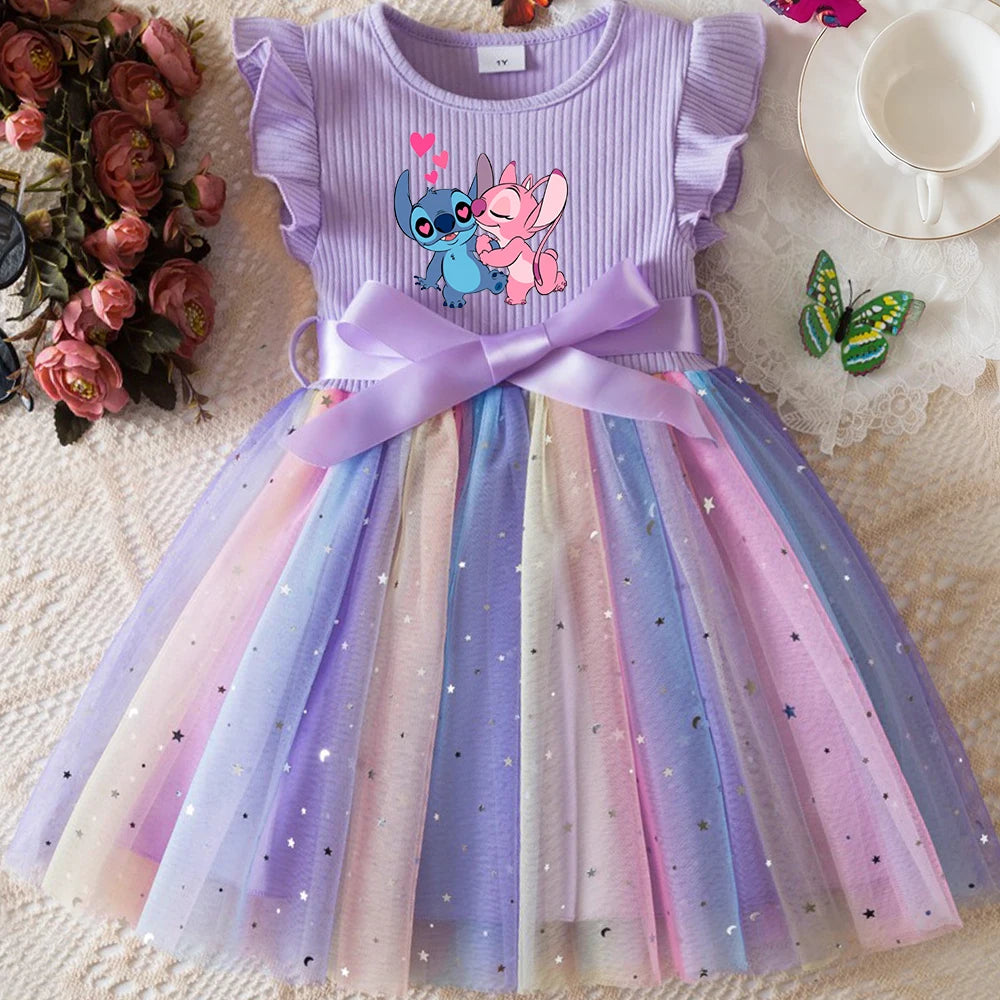 Stitch New Girls Dress for Sequins Birthday Toddler Girls Rainbow Tulle Dress Sweet Kids Princess Dress for Girls 1-5Y