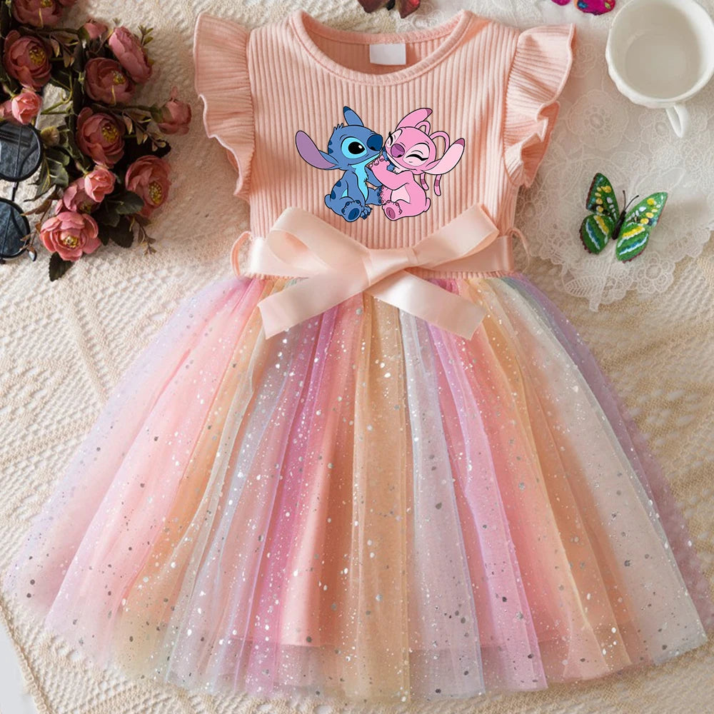 Stitch New Girls Dress for Sequins Birthday Toddler Girls Rainbow Tulle Dress Sweet Kids Princess Dress for Girls 1-5Y