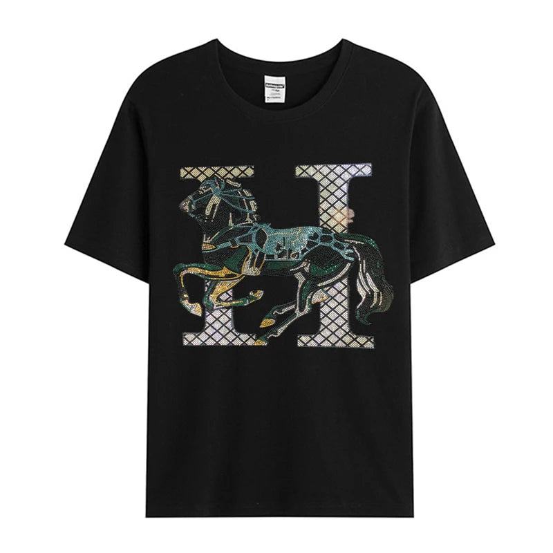 New men's short sleeve cartoon cotton casual T-shirt Comfortable high quality diamond T-shirt