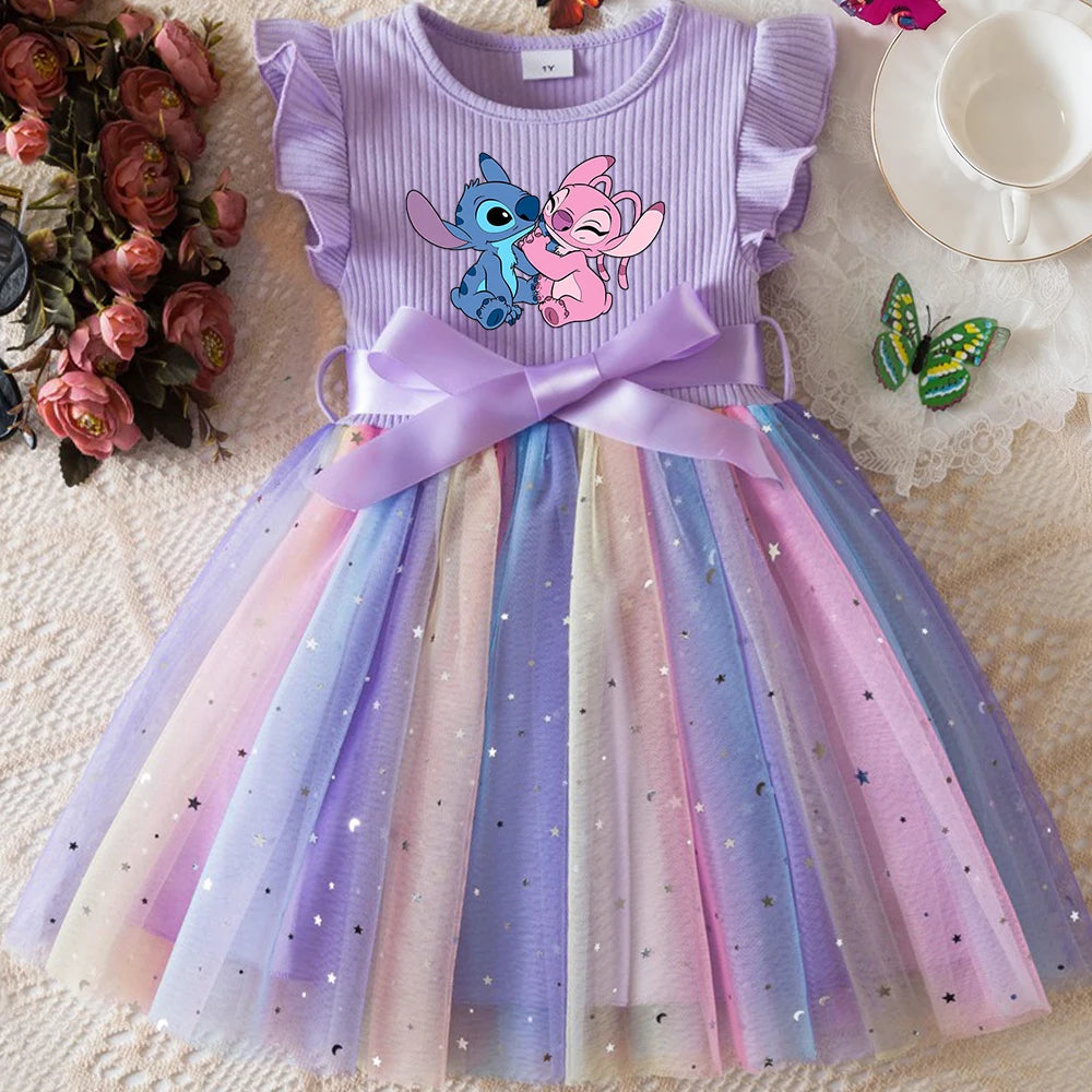 Stitch New Girls Dress for Sequins Birthday Toddler Girls Rainbow Tulle Dress Sweet Kids Princess Dress for Girls 1-5Y