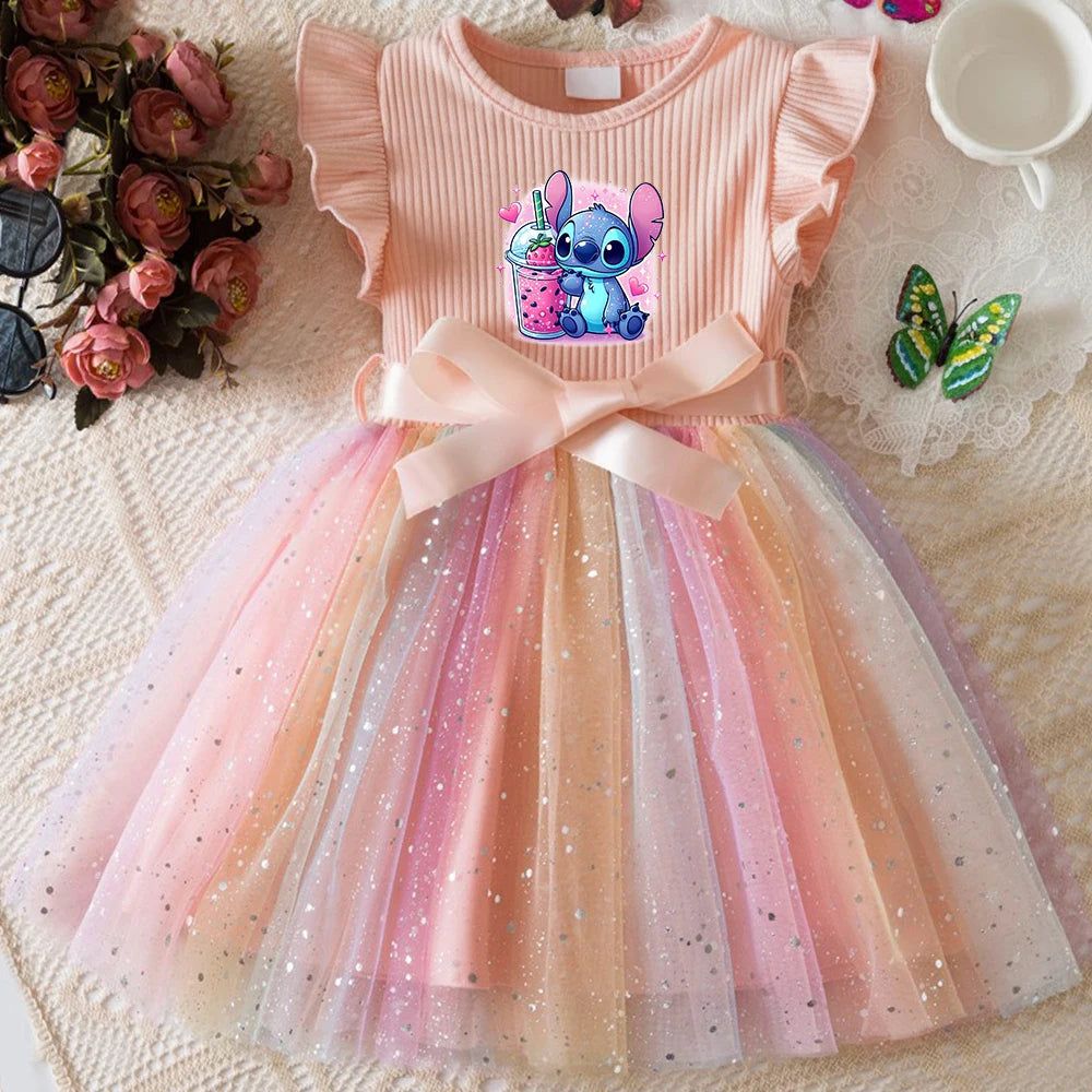 Stitch New Girls Dress for Sequins Birthday Toddler Girls Rainbow Tulle Dress Sweet Kids Princess Dress for Girls 1-5Y