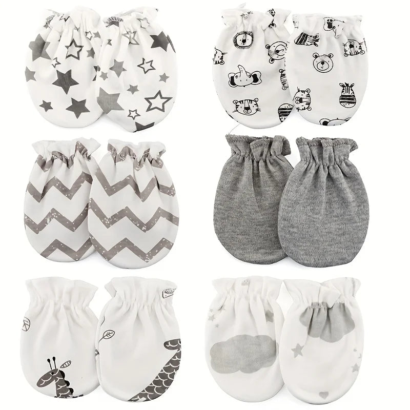 6 Pairs/lot Newborn Gloves Cartoon Prints Baby Boys Girls Mittens New Born Face Protection Mitten Babies Shower Gift 100% Cotton