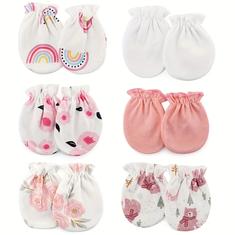6 Pairs/lot Newborn Gloves Cartoon Prints Baby Boys Girls Mittens New Born Face Protection Mitten Babies Shower Gift 100% Cotton