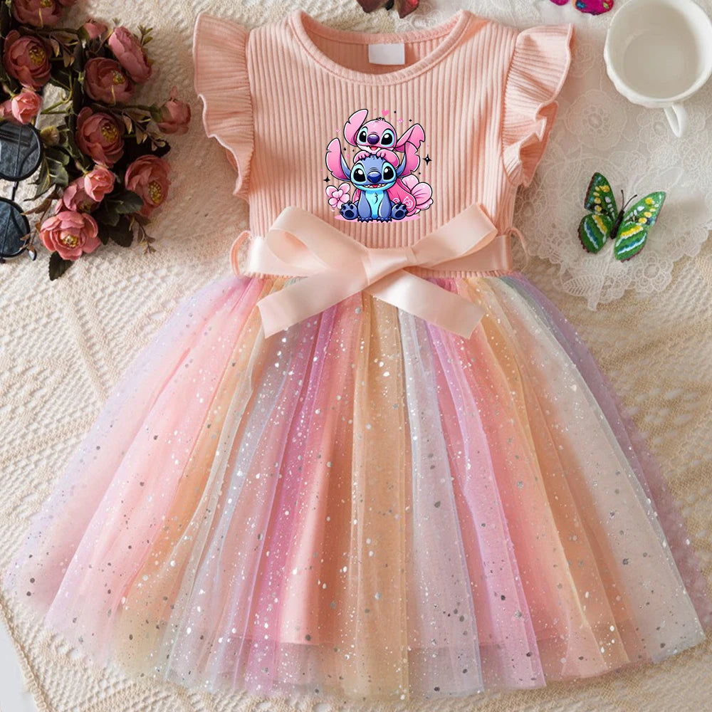 Stitch New Girls Dress for Sequins Birthday Toddler Girls Rainbow Tulle Dress Sweet Kids Princess Dress for Girls 1-5Y