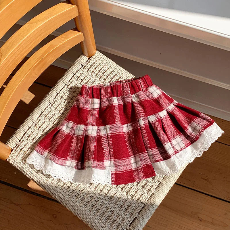 Girls Christmas Skirt High Waist A-line Patch Lace Cute Mini Skirts Children Autumn Versatile Half Skirt