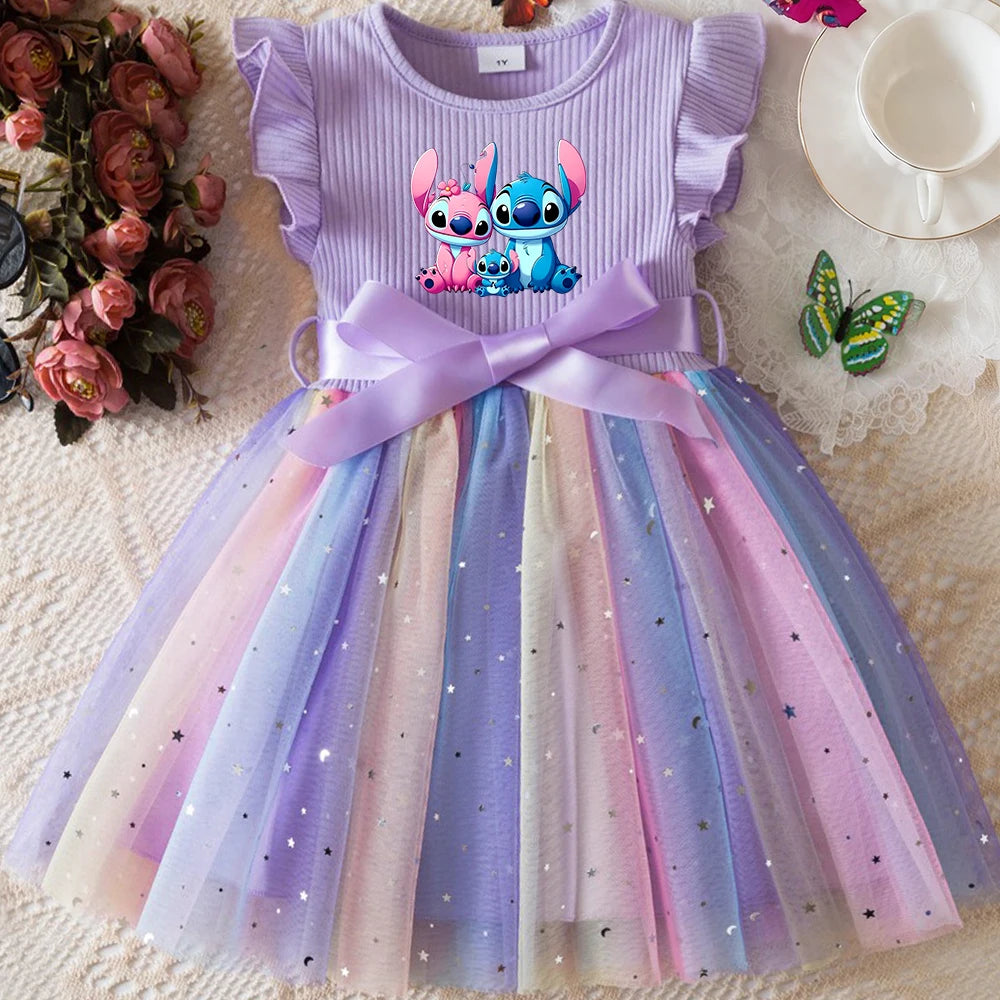 Stitch New Girls Dress for Sequins Birthday Toddler Girls Rainbow Tulle Dress Sweet Kids Princess Dress for Girls 1-5Y