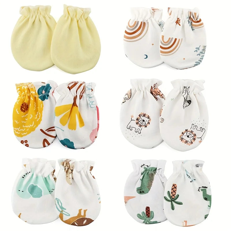 6 Pairs/lot Newborn Gloves Cartoon Prints Baby Boys Girls Mittens New Born Face Protection Mitten Babies Shower Gift 100% Cotton