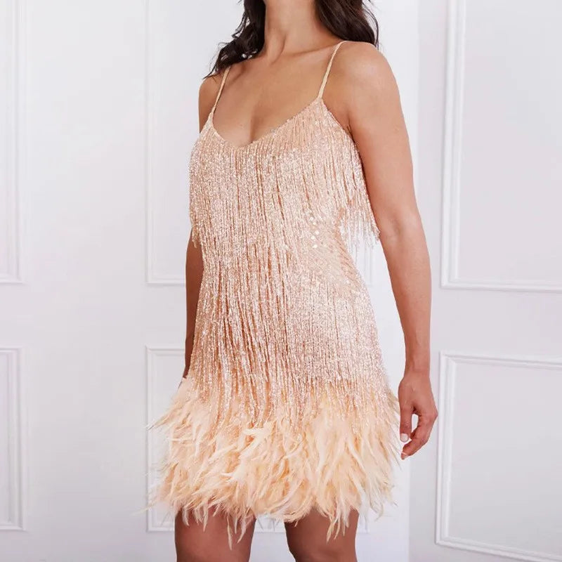 Sexy Fringed Sequin Shiny Feather Mini Dress Women Luxury High Waist Short White Curvy Dresses Evening Party 2025 Summer New In