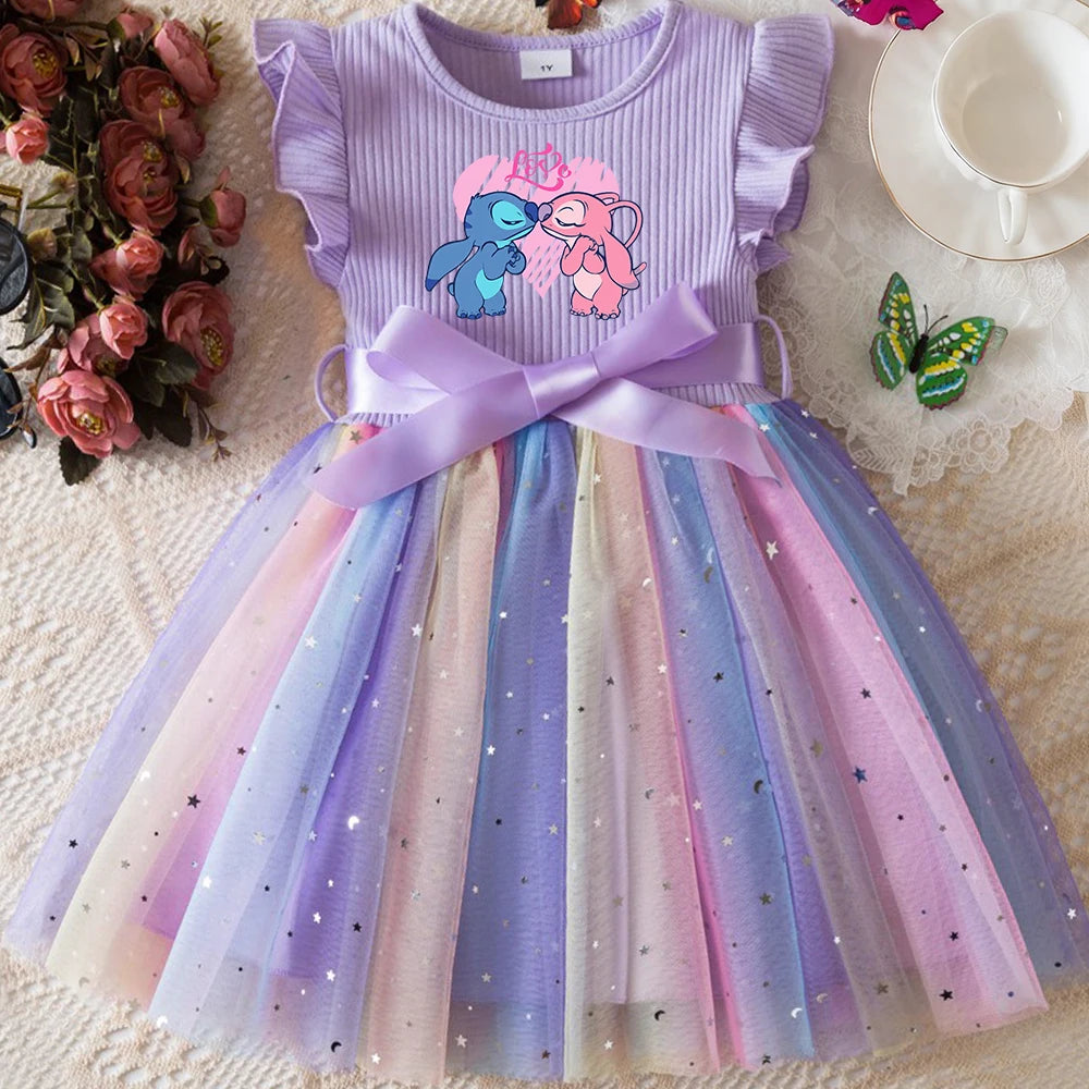 Stitch New Girls Dress for Sequins Birthday Toddler Girls Rainbow Tulle Dress Sweet Kids Princess Dress for Girls 1-5Y
