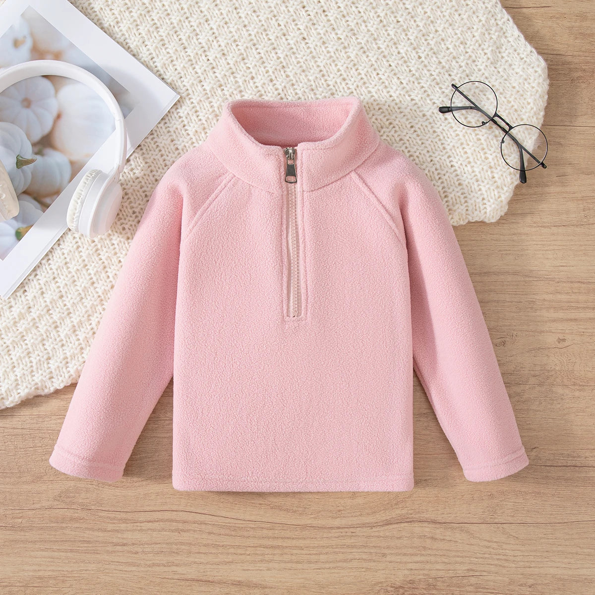 Girls Boys Autumn Winter New Hoodie Warm Leisure Tops Zipper Pullover Solid Color Long Sleeve Stand Collar Design  