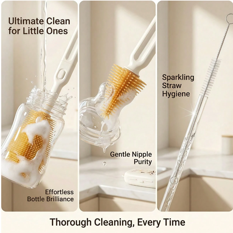 All-in-one compact cleaning set for bottles, straws, and nipples—perfect for travel.