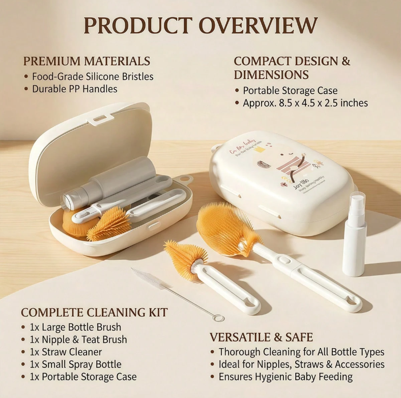 All-in-one compact cleaning set for bottles, straws, and nipples—perfect for travel.