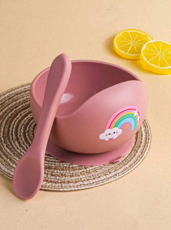 2pcs/Set Baby Feeding Set Silicone Bowl And Silicone Spoon, Baby Tableware Training Bowls With Suction Cup, Soft Silicone Material, Cartoon Animals Prints