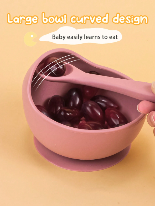 2pcs/Set Baby Feeding Set Silicone Bowl And Silicone Spoon, Baby Tableware Training Bowls With Suction Cup, Soft Silicone Material, Cartoon Animals Prints