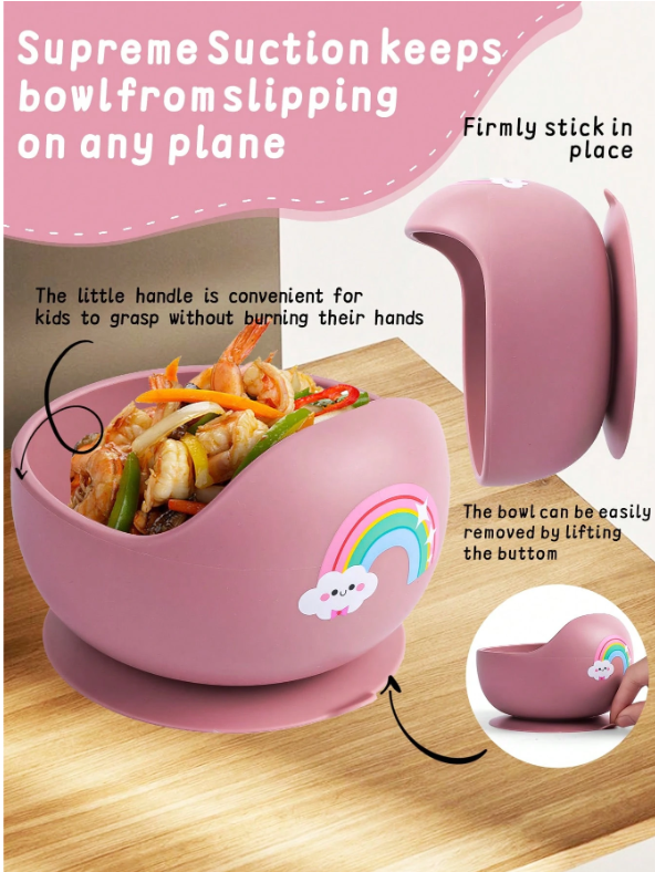 2pcs/Set Baby Feeding Set Silicone Bowl And Silicone Spoon, Baby Tableware Training Bowls With Suction Cup, Soft Silicone Material, Cartoon Animals Prints