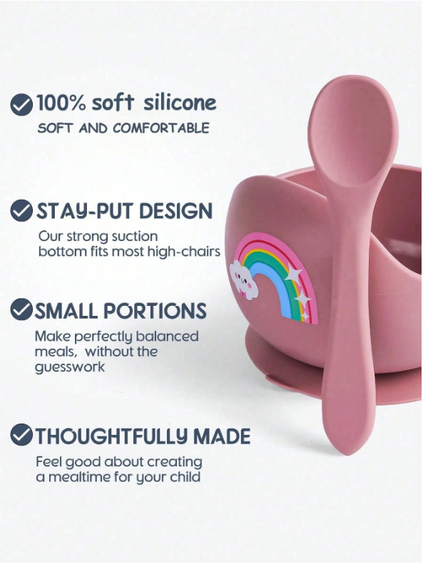 2pcs/Set Baby Feeding Set Silicone Bowl And Silicone Spoon, Baby Tableware Training Bowls With Suction Cup, Soft Silicone Material, Cartoon Animals Prints