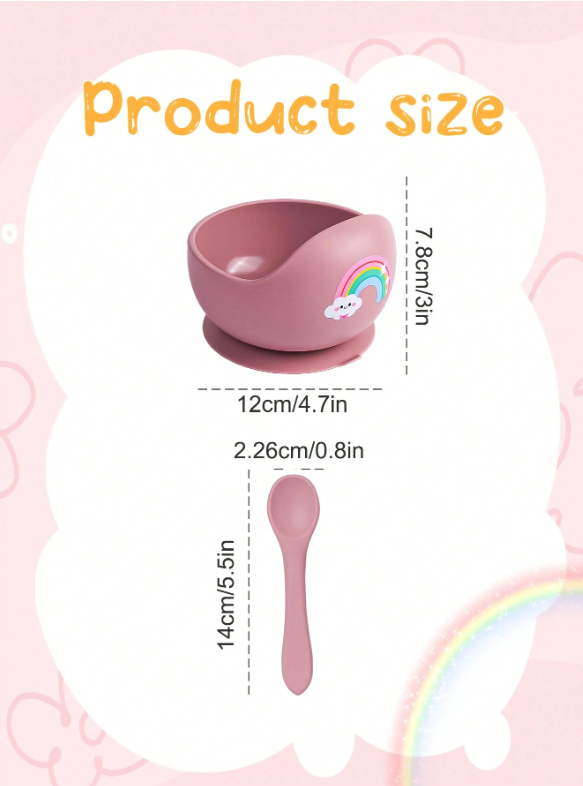 2pcs/Set Baby Feeding Set Silicone Bowl And Silicone Spoon, Baby Tableware Training Bowls With Suction Cup, Soft Silicone Material, Cartoon Animals Prints