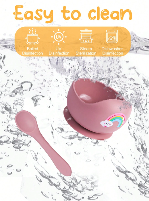 2pcs/Set Baby Feeding Set Silicone Bowl And Silicone Spoon, Baby Tableware Training Bowls With Suction Cup, Soft Silicone Material, Cartoon Animals Prints