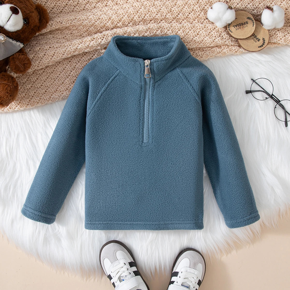 Girls Boys Autumn Winter New Hoodie Warm Leisure Tops Zipper Pullover Solid Color Long Sleeve Stand Collar Design  